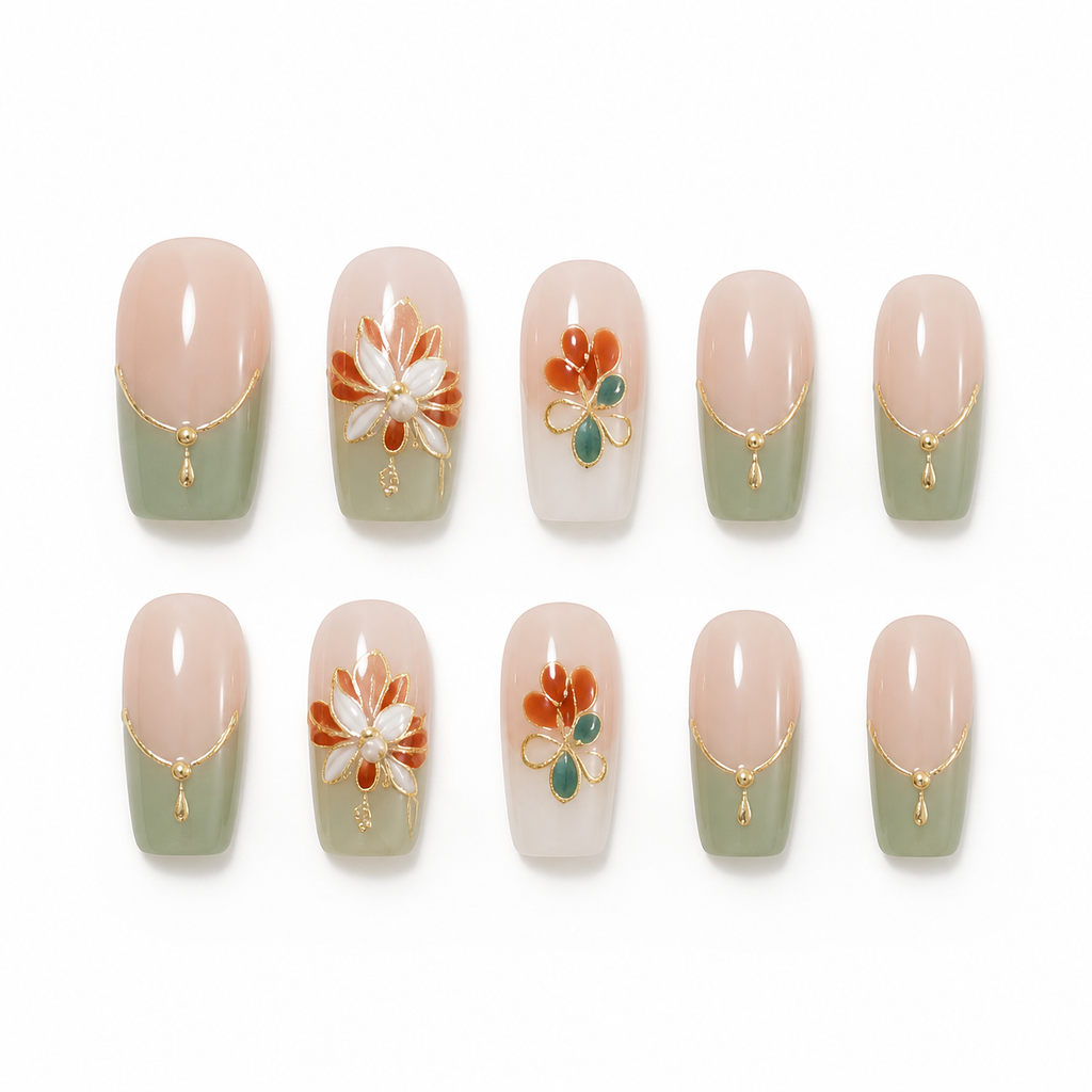 Sage Floral French Press-On Nails on a pure white background, front view
