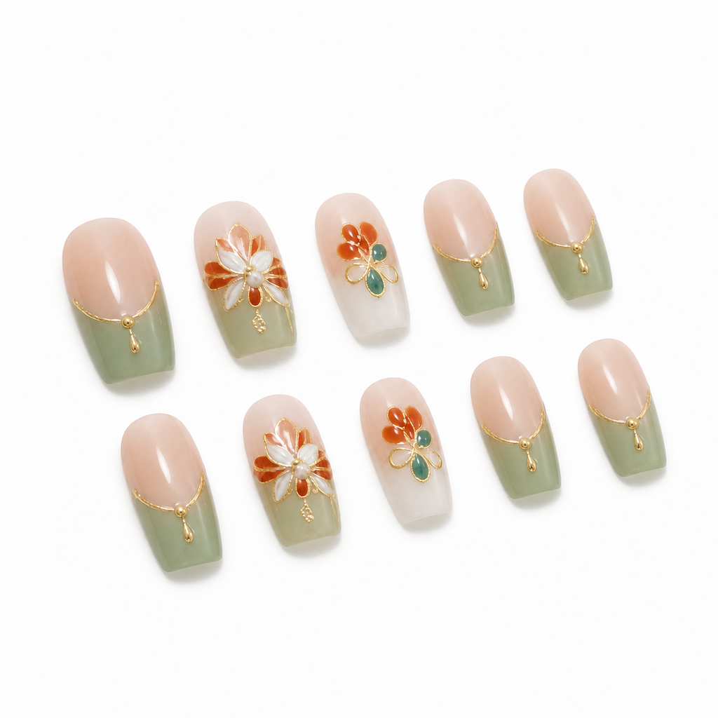 Sage Floral French Press-On Nails on a pure white background, view 2