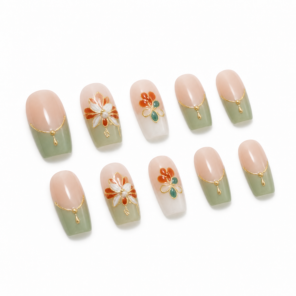Sage Floral French Press-On Nails on a pure white background, view 2
