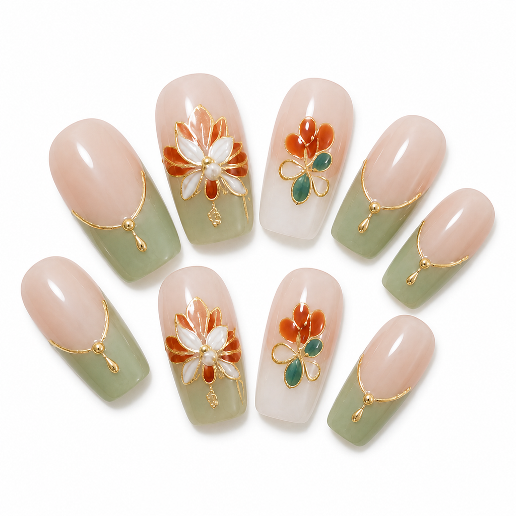 Sage Floral French Press-On Nails on a pure white background, view 3