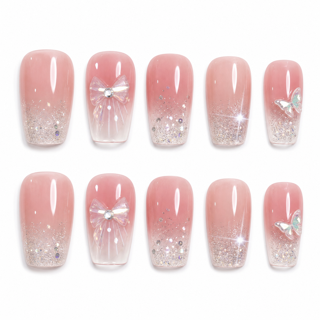 Pink Butterfly Galaxy Press-On Nails on a pure white background, front view
