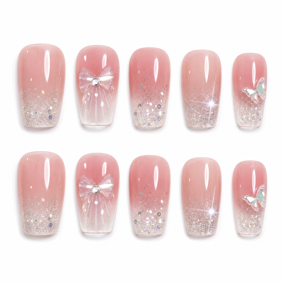 Pink Butterfly Galaxy Press-On Nails on a pure white background, front view