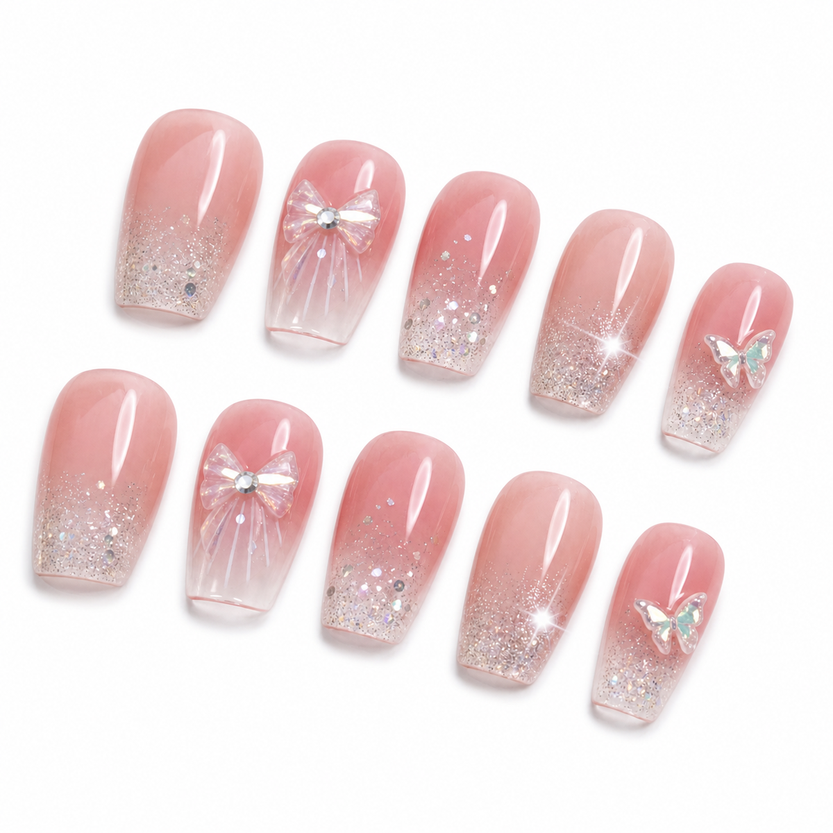 Pink Butterfly Galaxy Press-On Nails on a pure white background, view 2