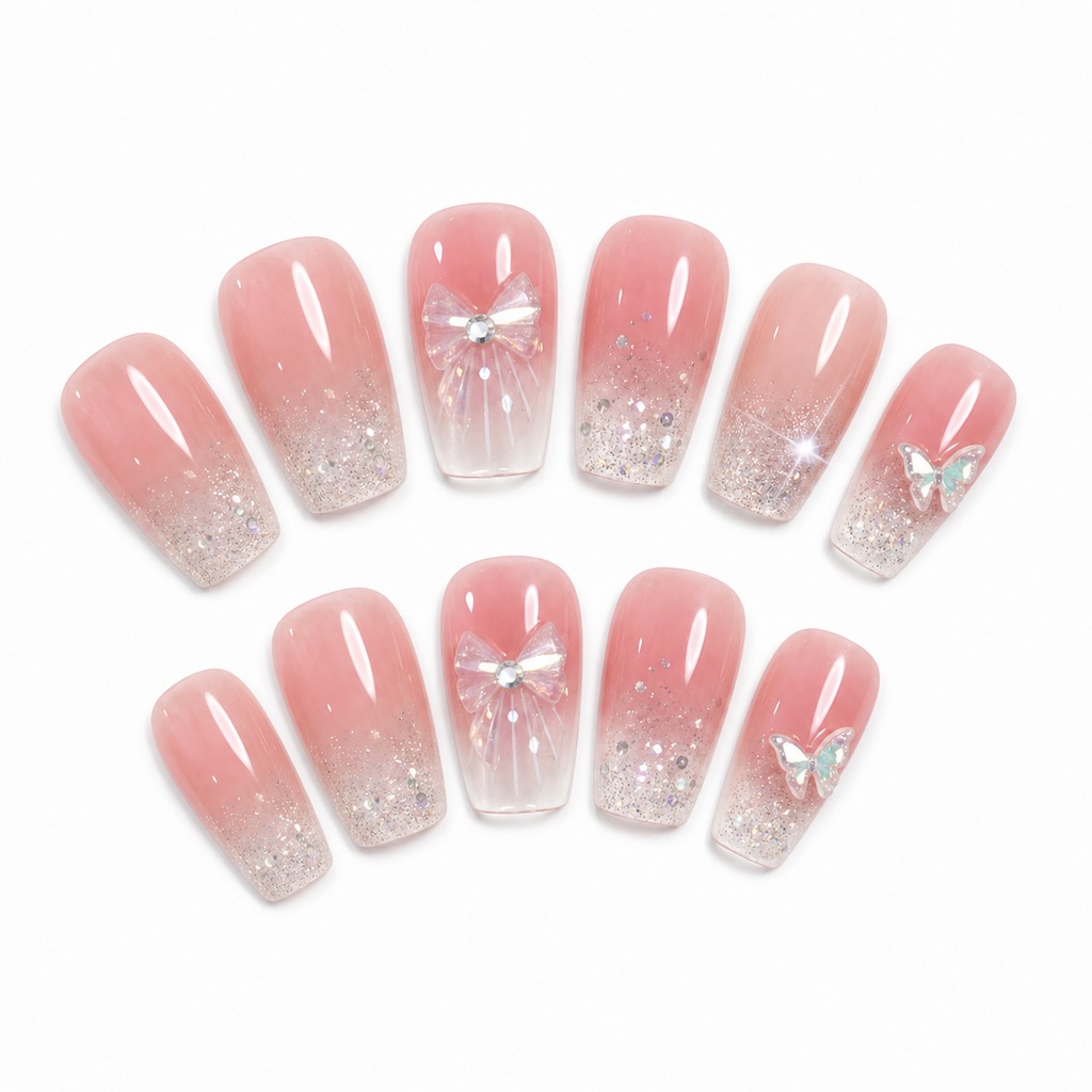 Pink Butterfly Galaxy Press-On Nails on a pure white background, view 3