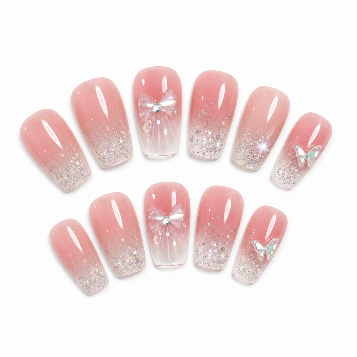 Pink Butterfly Galaxy Press-On Nails on a pure white background, view 3