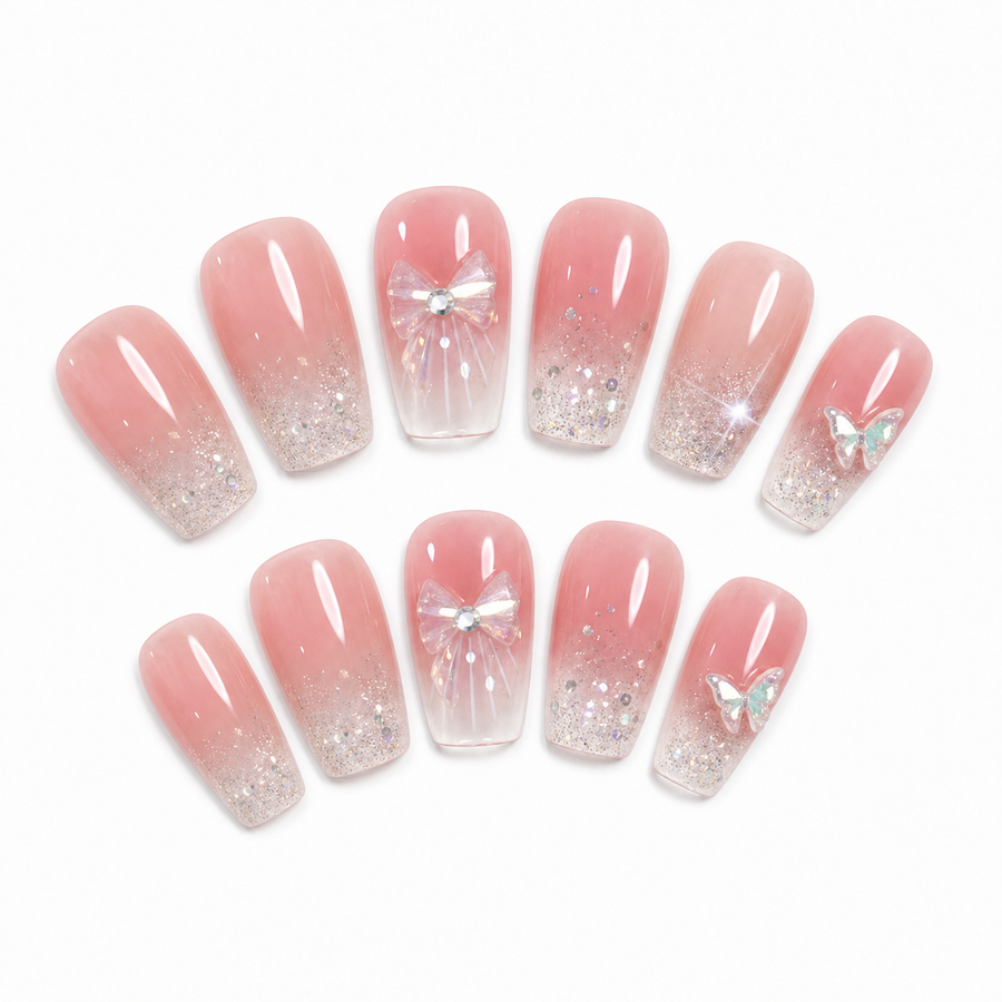 Pink Butterfly Galaxy Press-On Nails on a pure white background, view 3