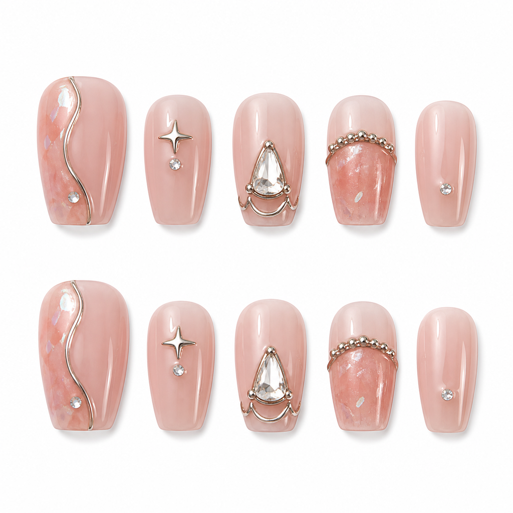 Pink Crystal Mystery Press-On Nails on a pure white background, front view