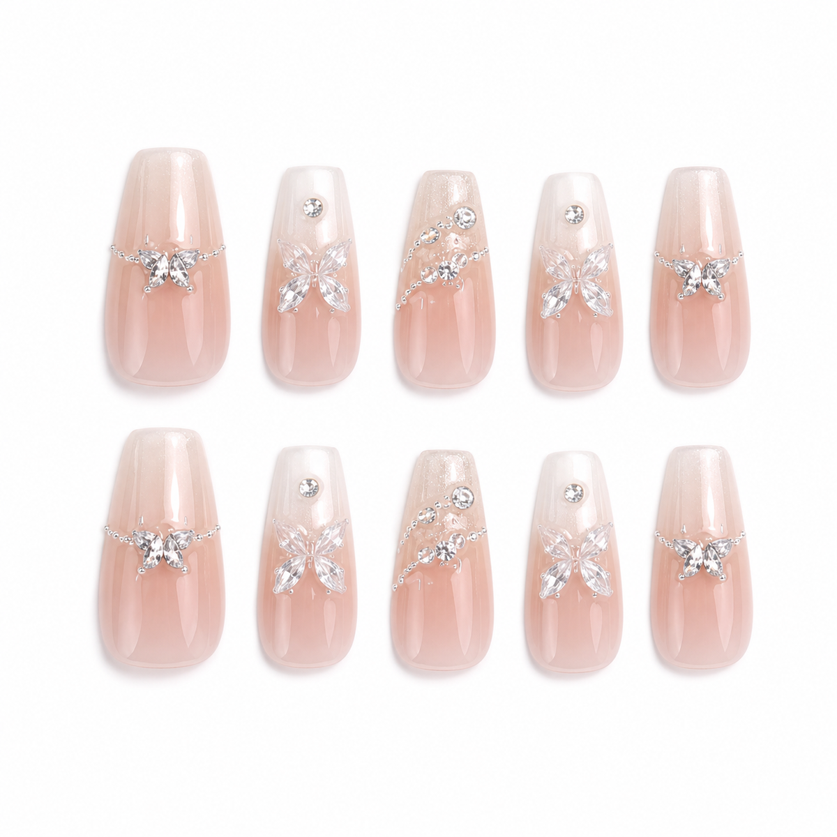 Blush Crystal Bow Press-On Nails on a pure white background, front view
