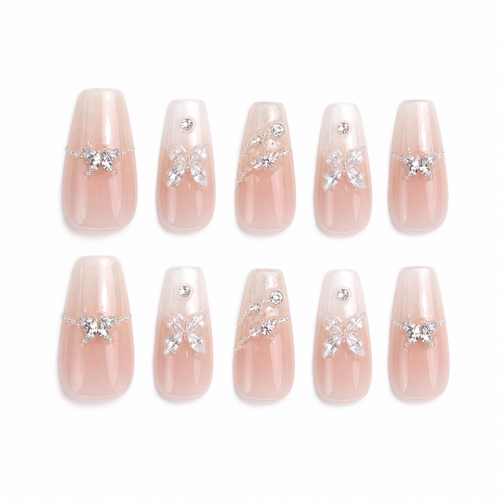 Blush Crystal Bow Press-On Nails on a pure white background, front view