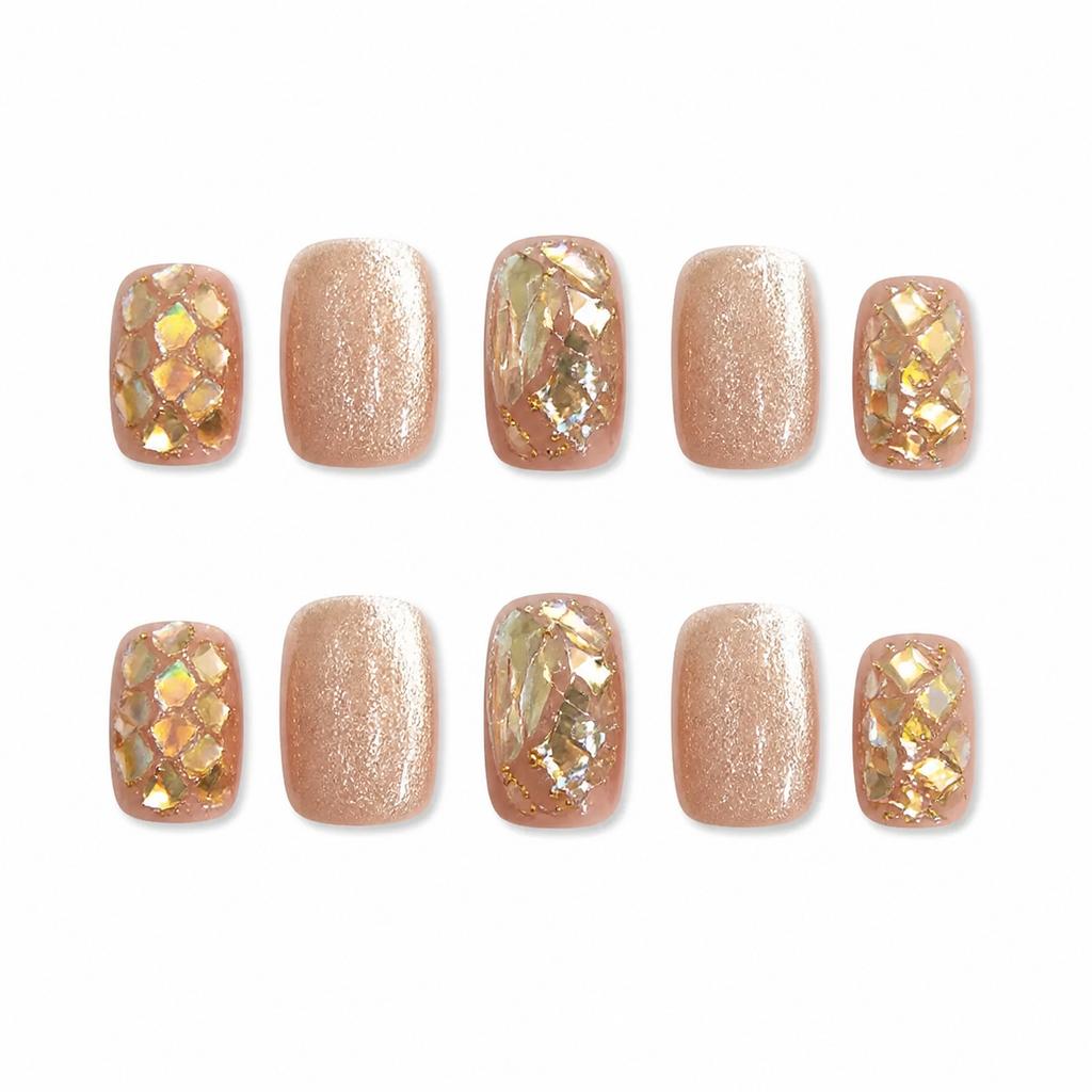 Champagne Crystal Short Press-On Nails on a pure white background, front view