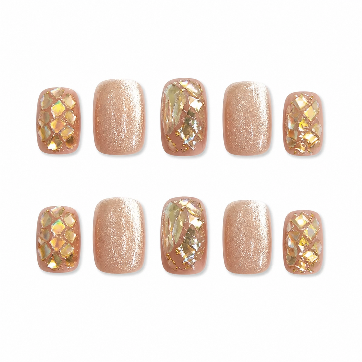 Champagne Crystal Short Press-On Nails on a pure white background, front view