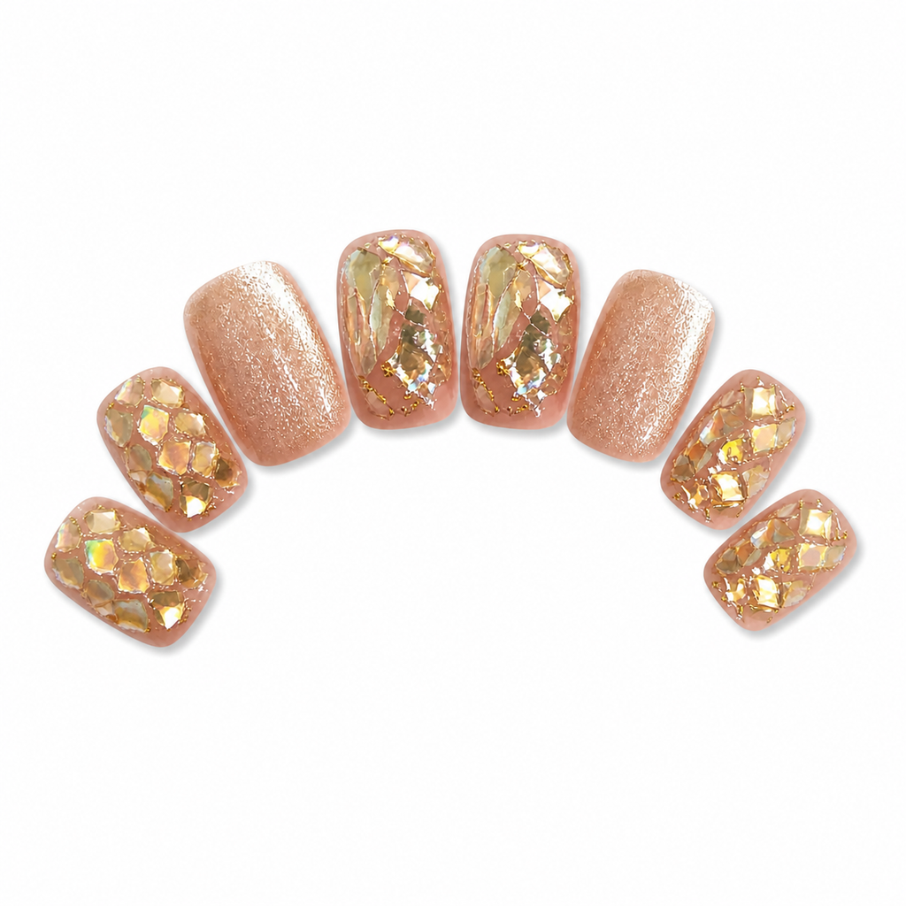 Champagne Crystal Short Press-On Nails on a pure white background, view 3