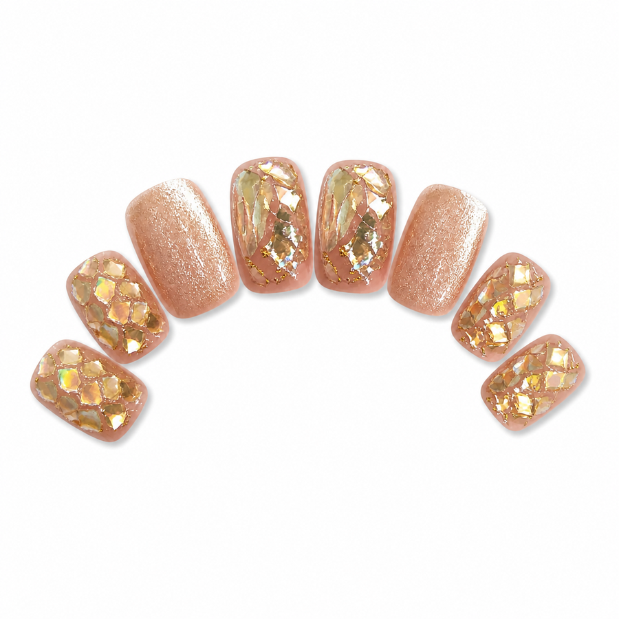Champagne Crystal Short Press-On Nails on a pure white background, view 3