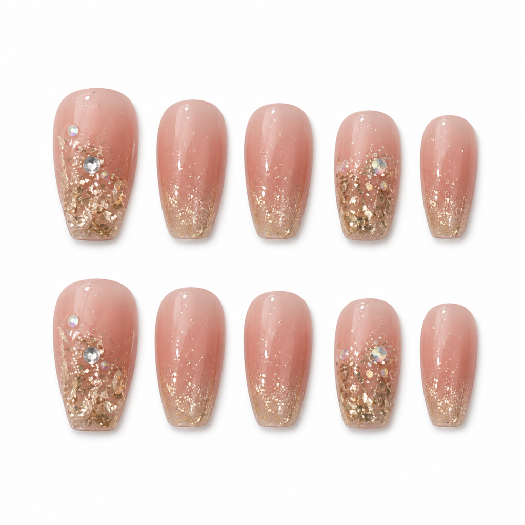 Peach Champagne Glitter Press-On Nails on a pure white background, front view
