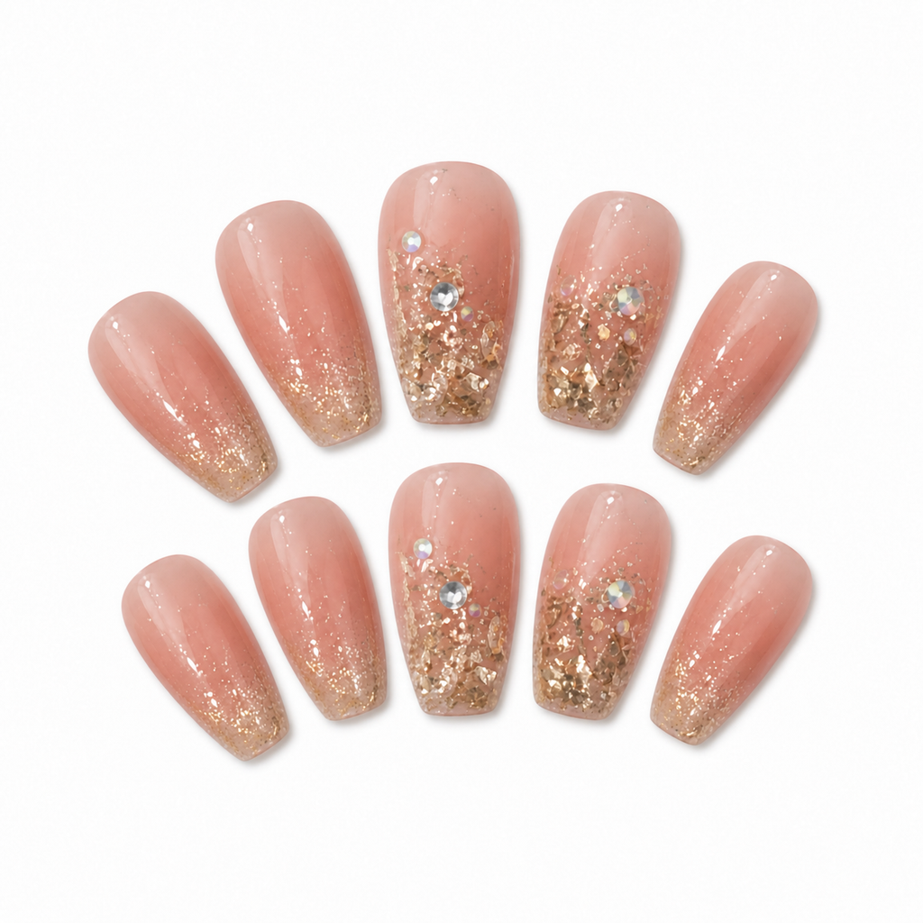 Peach Champagne Glitter Press-On Nails on a pure white background, view 3