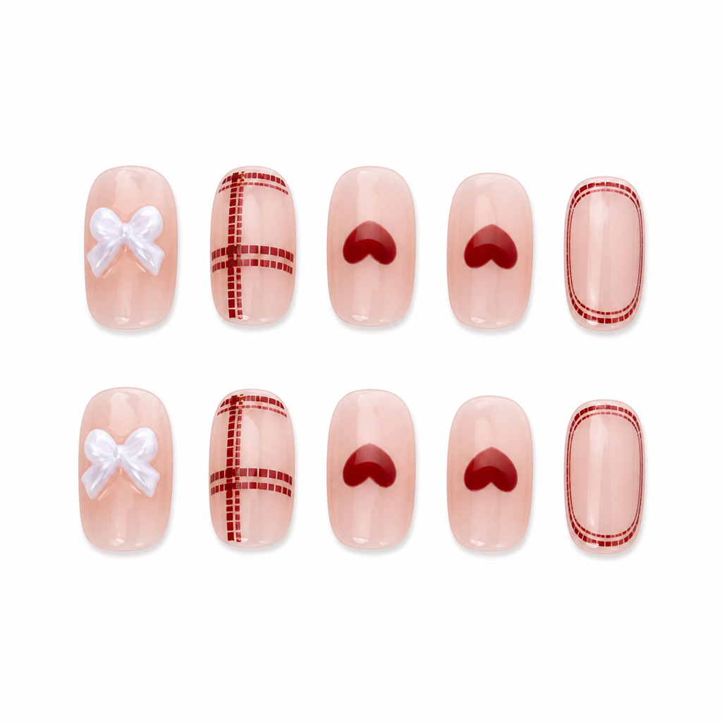 Red Heart Plaid Bow Press-On Nails on a pure white background, front view