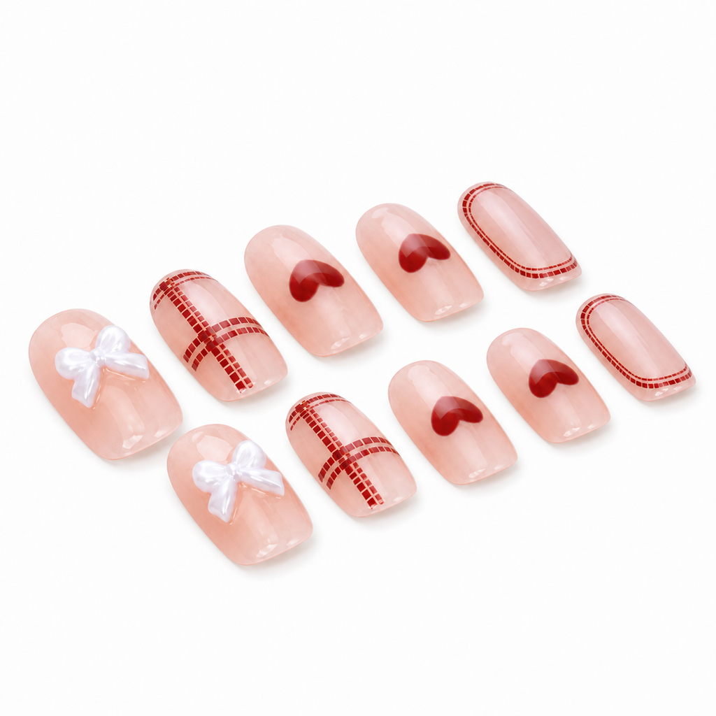 Red Heart Plaid Bow Press-On Nails on a pure white background, view 2
