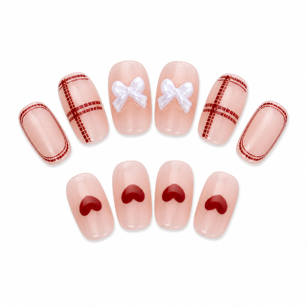Red Heart Plaid Bow Press-On Nails on a pure white background, view 3