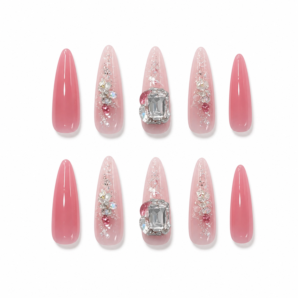 Pink Crystal Statement Press-On Nails on a pure white background, front view