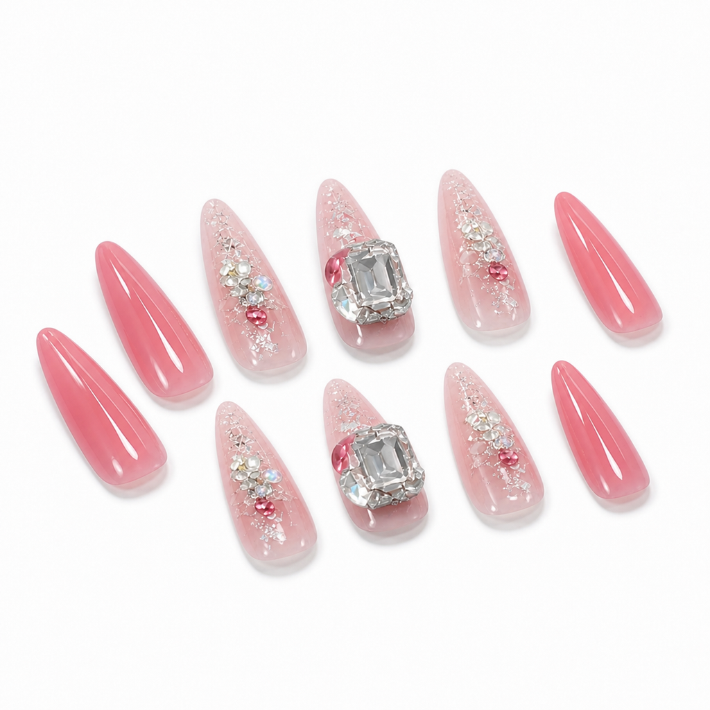 Pink Crystal Statement Press-On Nails on a pure white background, view 2