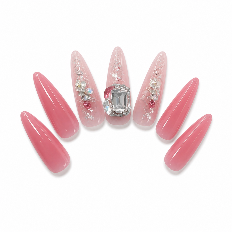 Pink Crystal Statement Press-On Nails on a pure white background, view 3