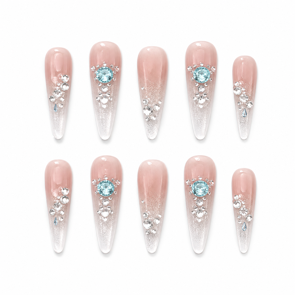 Moonlit Crystal Stiletto Press-On Nails on a pure white background, front view