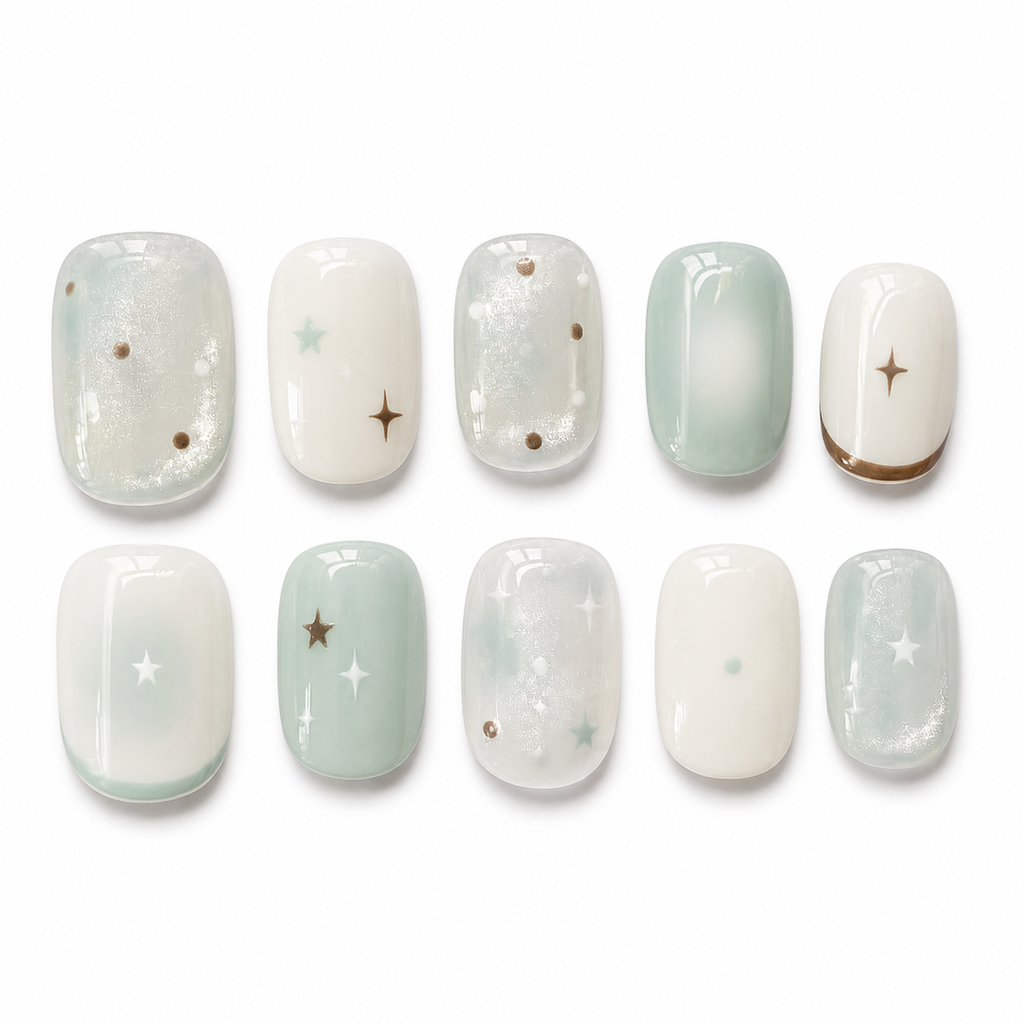 Mint Star Short Press-On Nails on a pure white background, front view