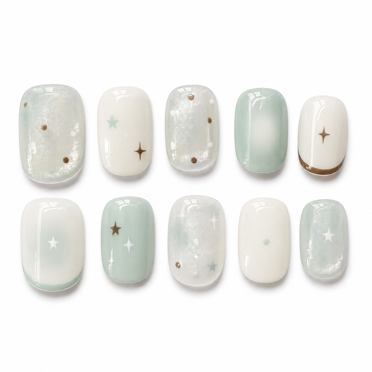 Mint Star Short Press-On Nails on a pure white background, front view