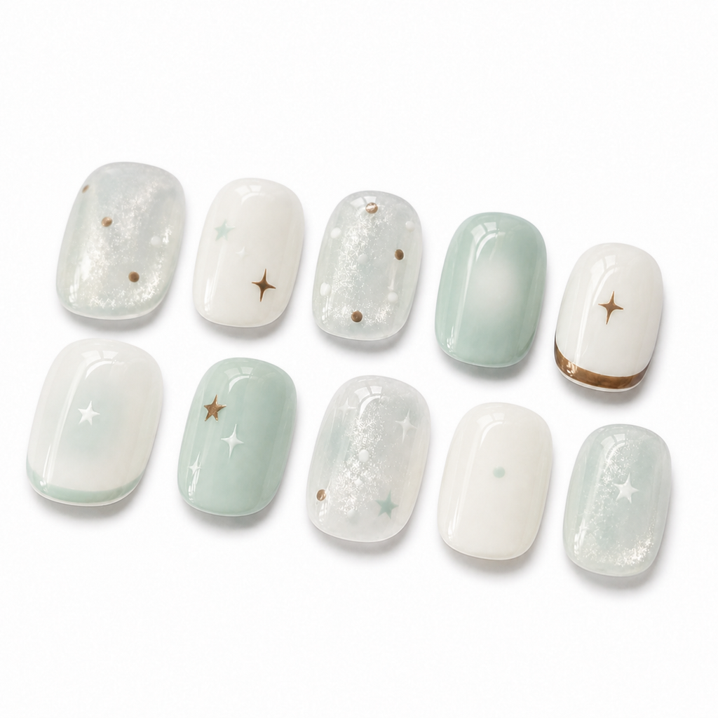 Mint Star Short Press-On Nails on a pure white background, view 2