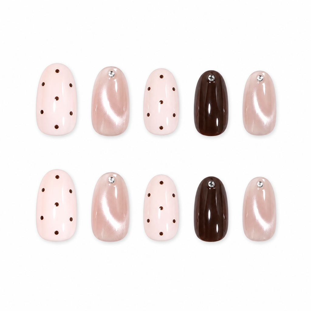 Pink Polka Dot Cat-Eye Press-On Nails on a pure white background, front view