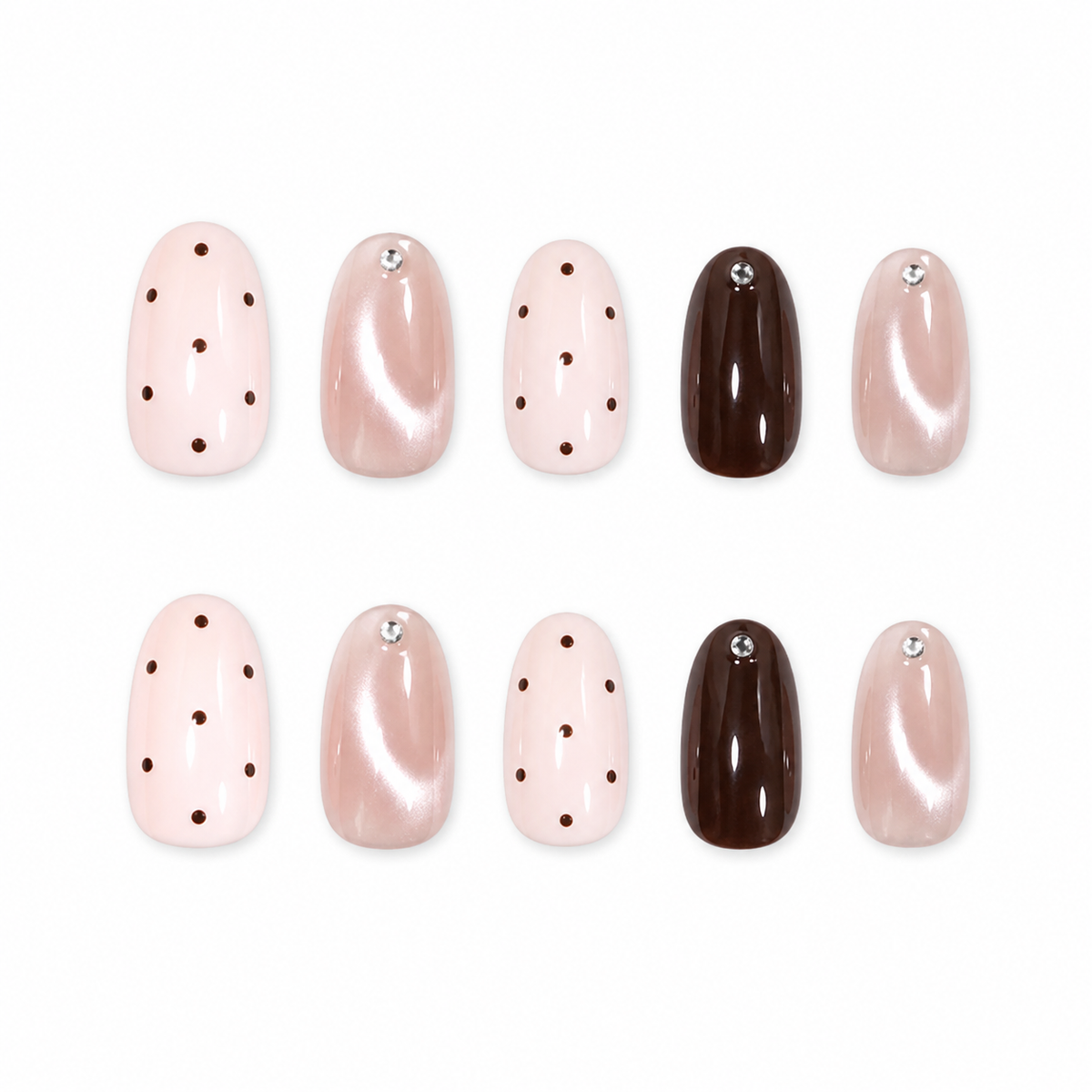 Pink Polka Dot Cat-Eye Press-On Nails on a pure white background, front view