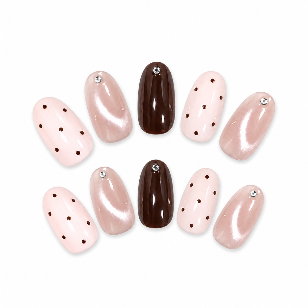 Pink Polka Dot Cat-Eye Press-On Nails on a pure white background, view 3