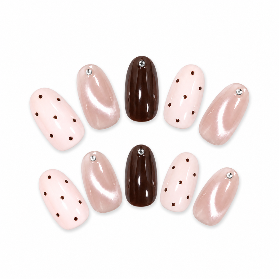 Pink Polka Dot Cat-Eye Press-On Nails on a pure white background, view 3