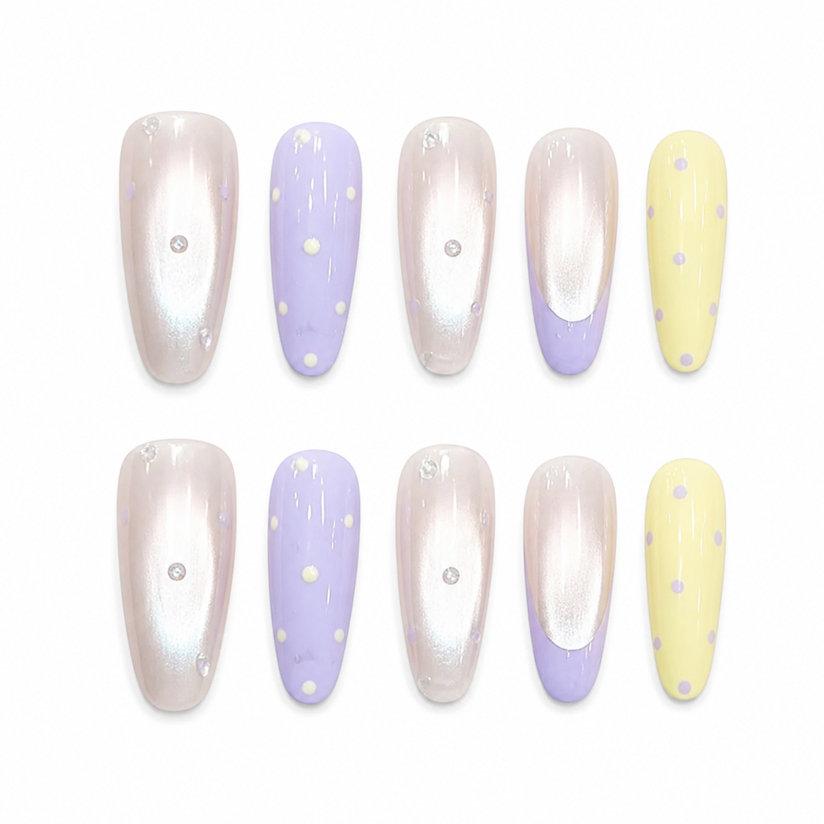 Pastel Lavender Lemon Press-On Nails on a pure white background, front view