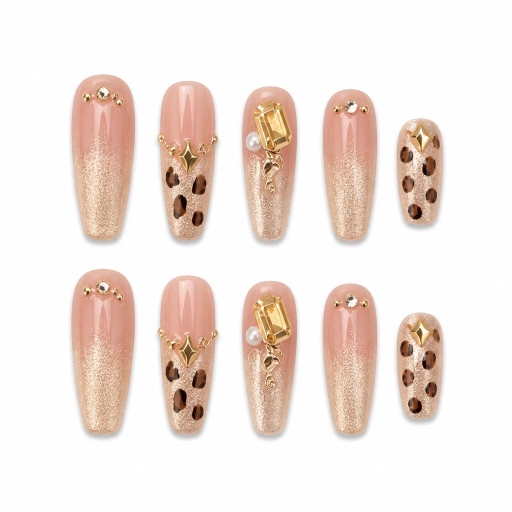 Caramel Leopard Cat-Eye Press-On Nails on a pure white background, front view