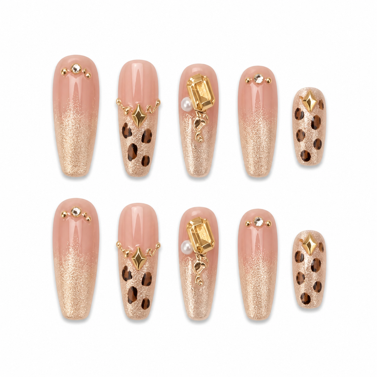 Caramel Leopard Cat-Eye Press-On Nails on a pure white background, front view