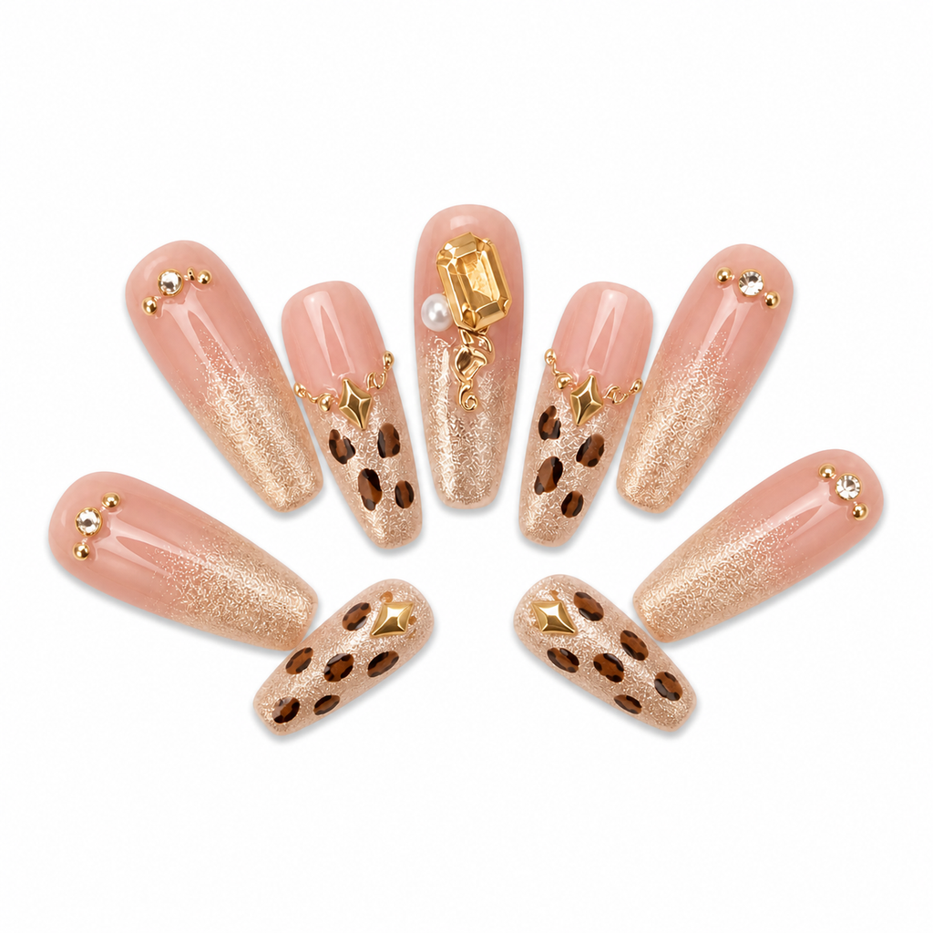 Caramel Leopard Cat-Eye Press-On Nails on a pure white background, view 3