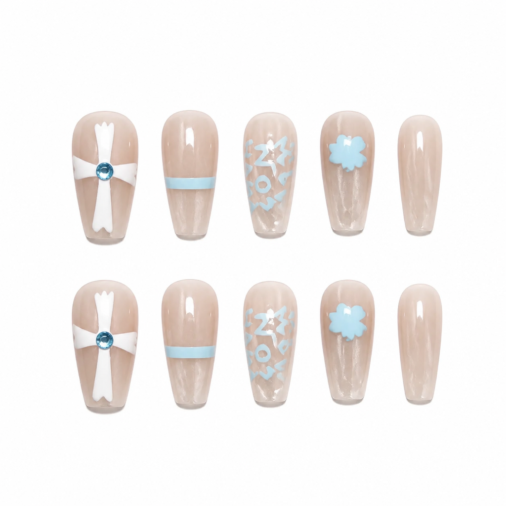 Blue Bow Snowflake Press-On Nails on a pure white background, front view