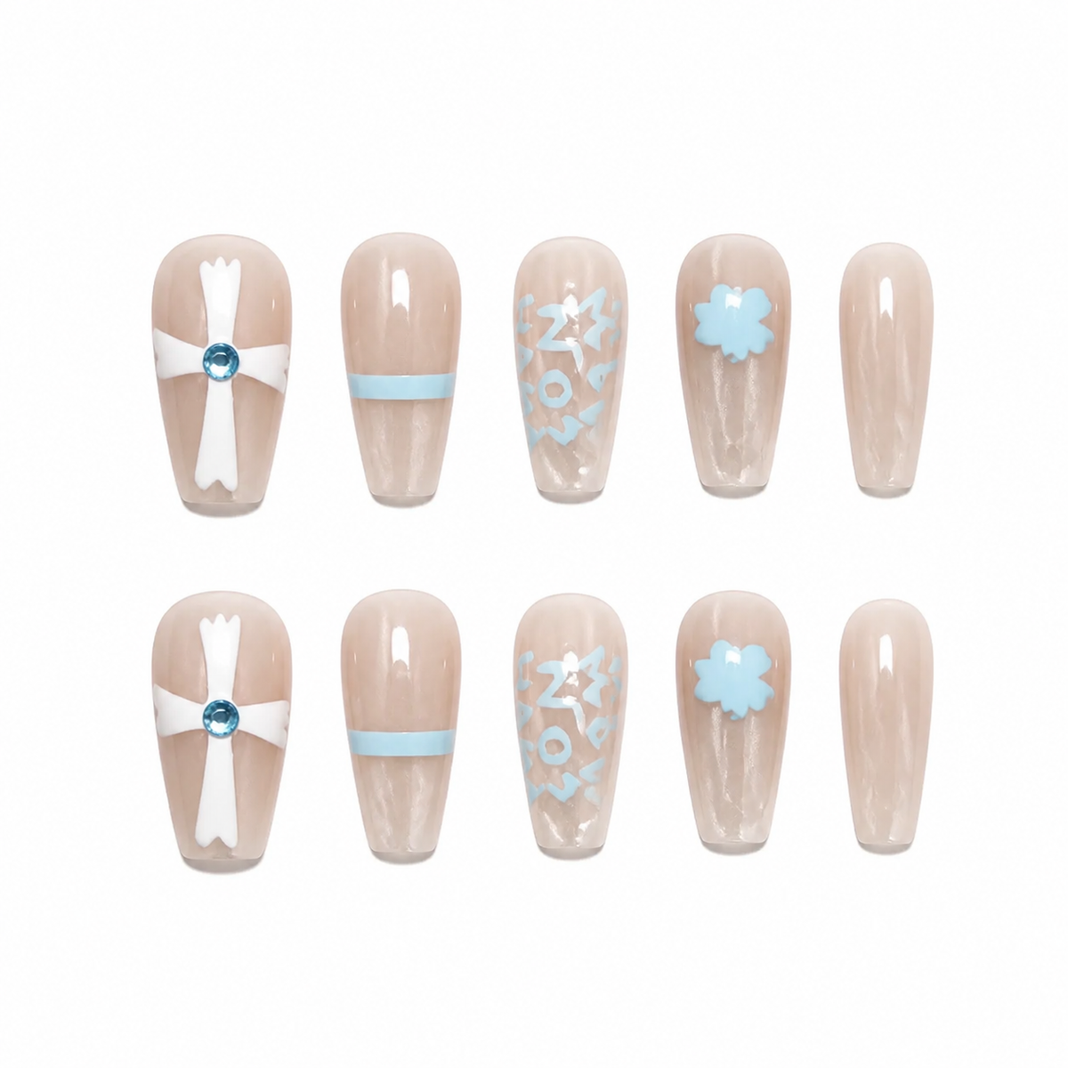 Blue Bow Snowflake Press-On Nails on a pure white background, front view