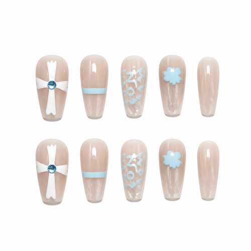 Blue Bow Snowflake Press-On Nails on a pure white background, front view