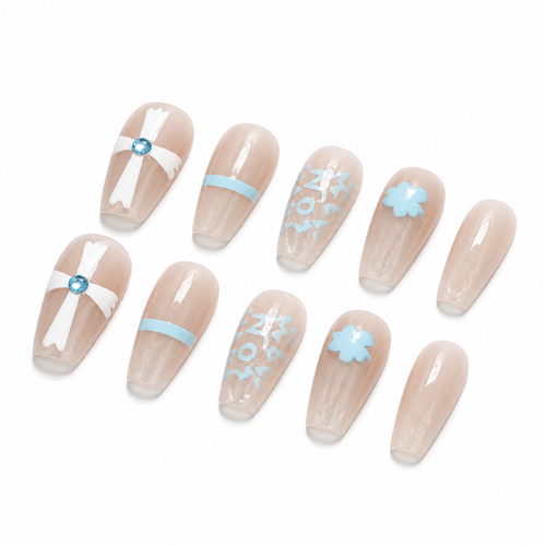 Blue Bow Snowflake Press-On Nails on a pure white background, view 2