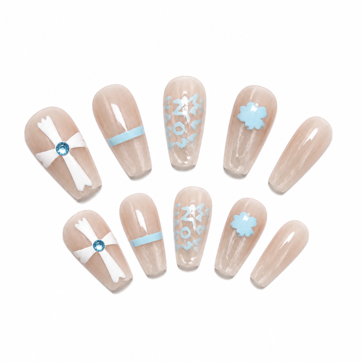 Blue Bow Snowflake Press-On Nails on a pure white background, view 3