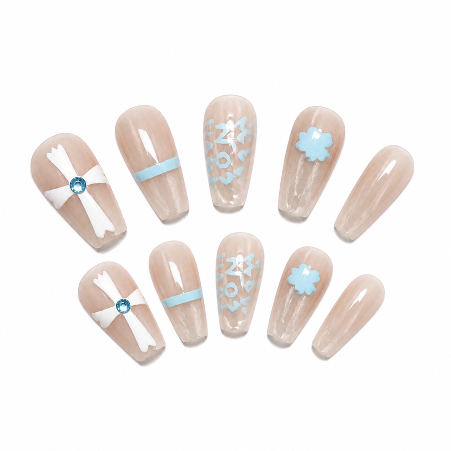 Blue Bow Snowflake Press-On Nails on a pure white background, view 3