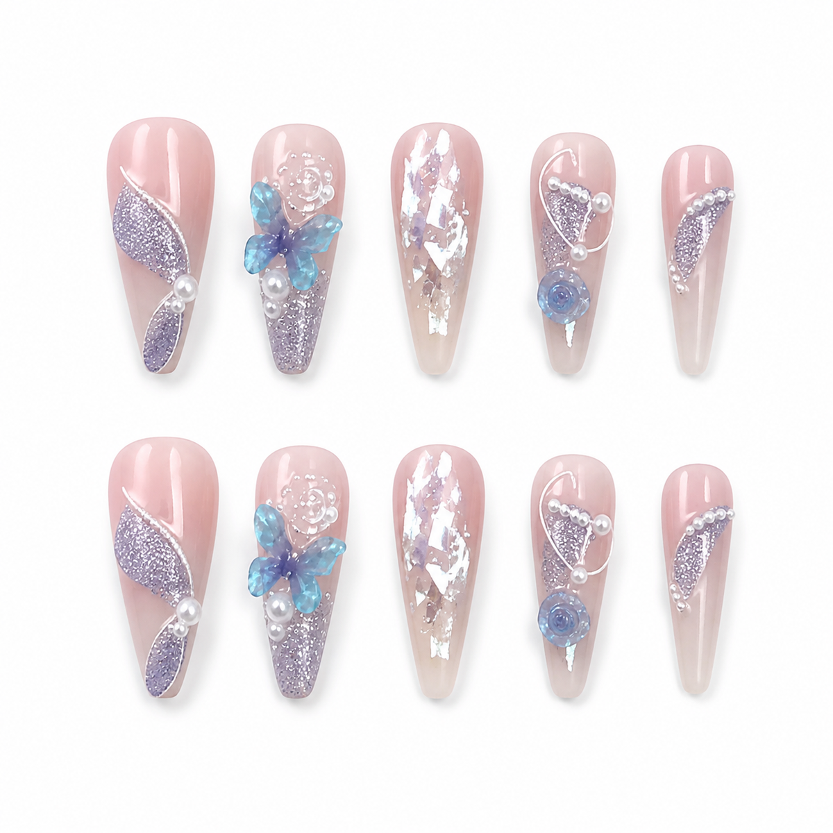 Purple Butterfly Crystal Press-On Nails on a pure white background, front view