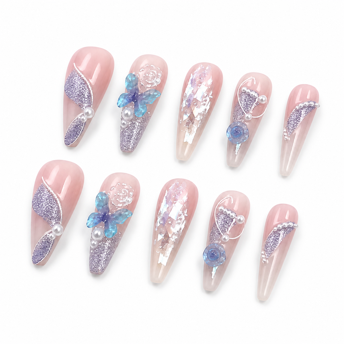 Purple Butterfly Crystal Press-On Nails on a pure white background, view 2