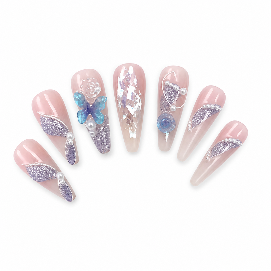 Purple Butterfly Crystal Press-On Nails on a pure white background, view 3