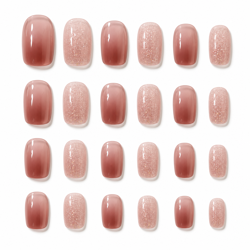 Caramel Rose Glitter 24-Piece Press-On Nails on a pure white background, front view