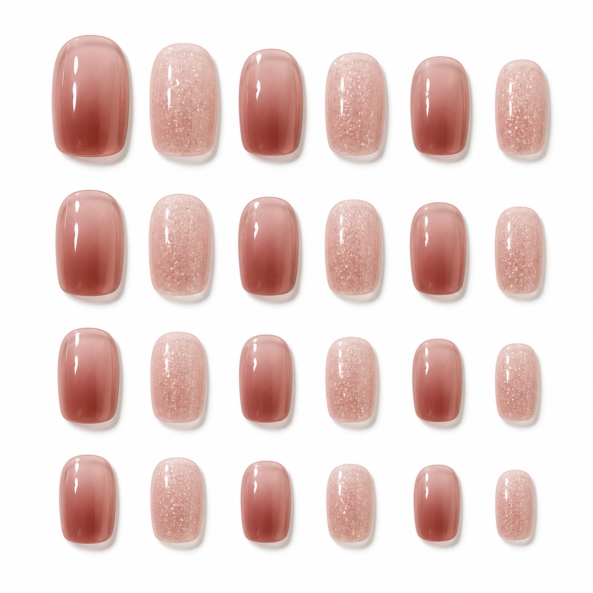 Caramel Rose Glitter 24-Piece Press-On Nails on a pure white background, front view