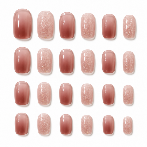 Caramel Rose Glitter 24-Piece Press-On Nails on a pure white background, front view