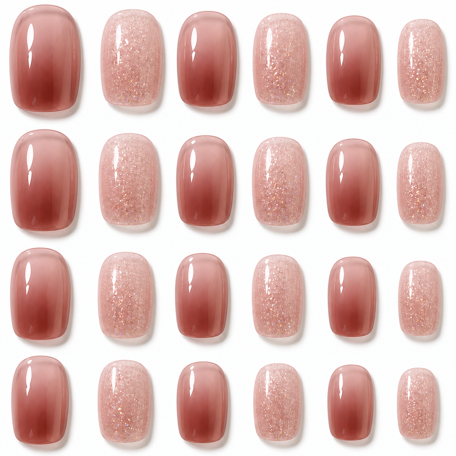Caramel Rose Glitter 24-Piece Press-On Nails on a pure white background, view 3